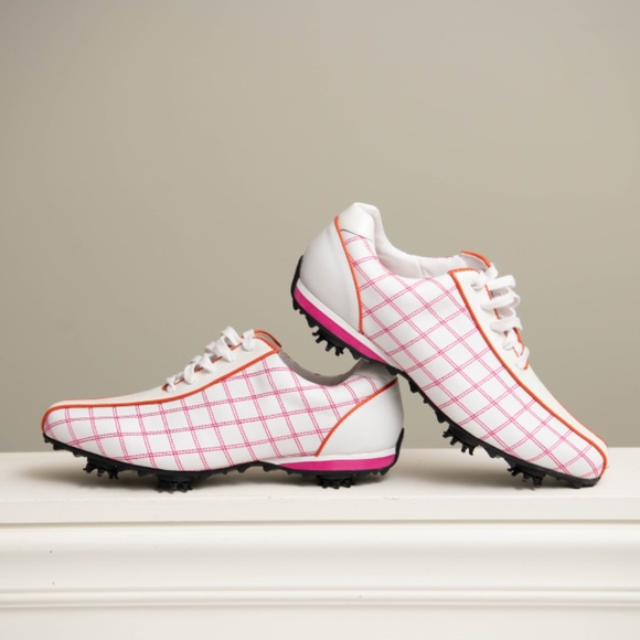 FootJoy LoPro Womens Golf Shoes with Spikes Sz 10 Pink and Orange Stitching - Picture 2 of 6